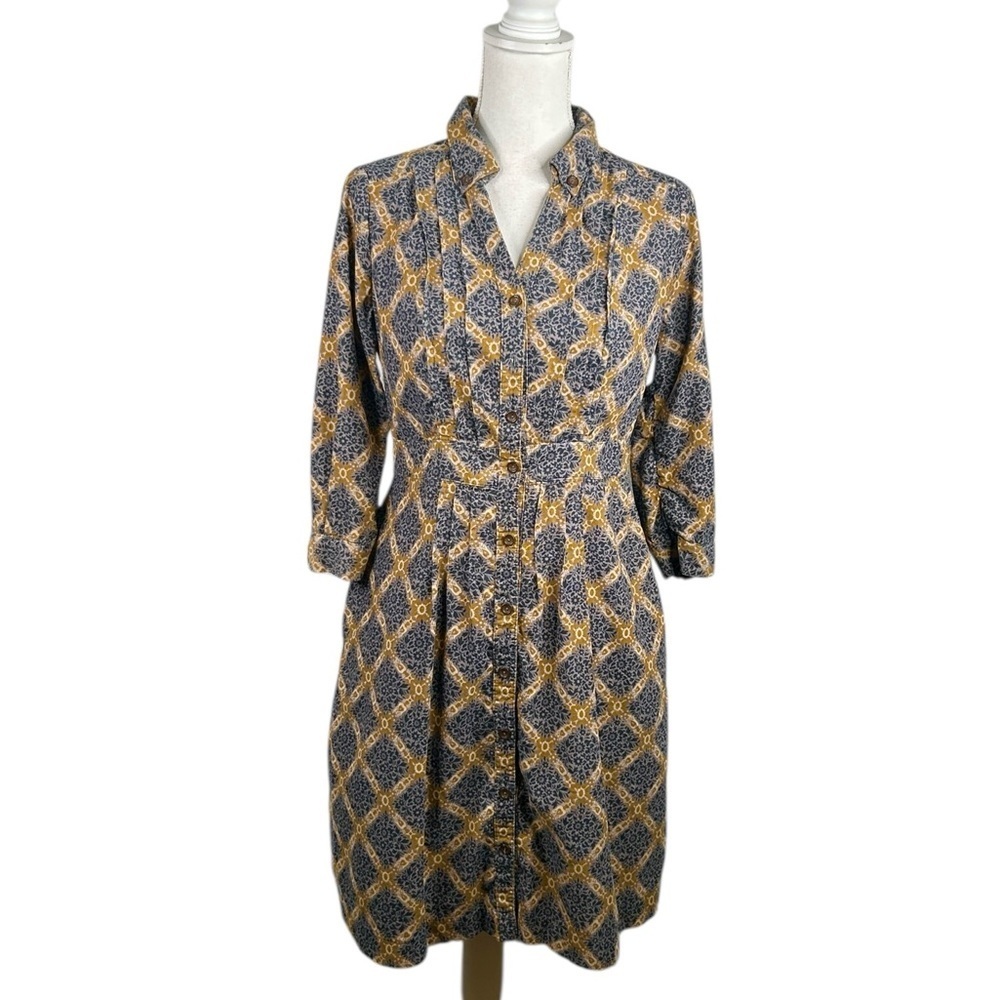 Maeve Blue & Tan Corduroy Button Down Boho Classic Fit & Flare Dress Size 4